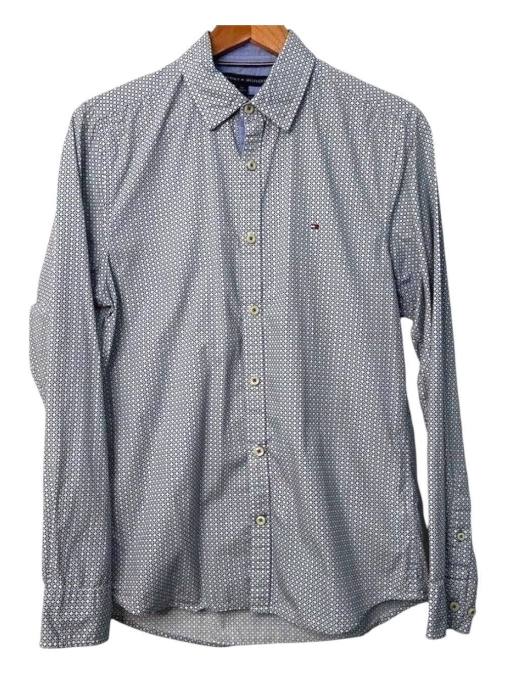Tommy Hilfiger button down shirt New York fit blue white green 100% cotton Small